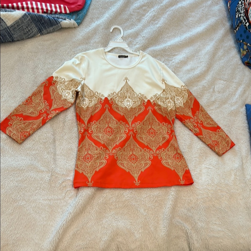 J. McLaughlin Cream and Orange and gold Swim shirt/Coverup
